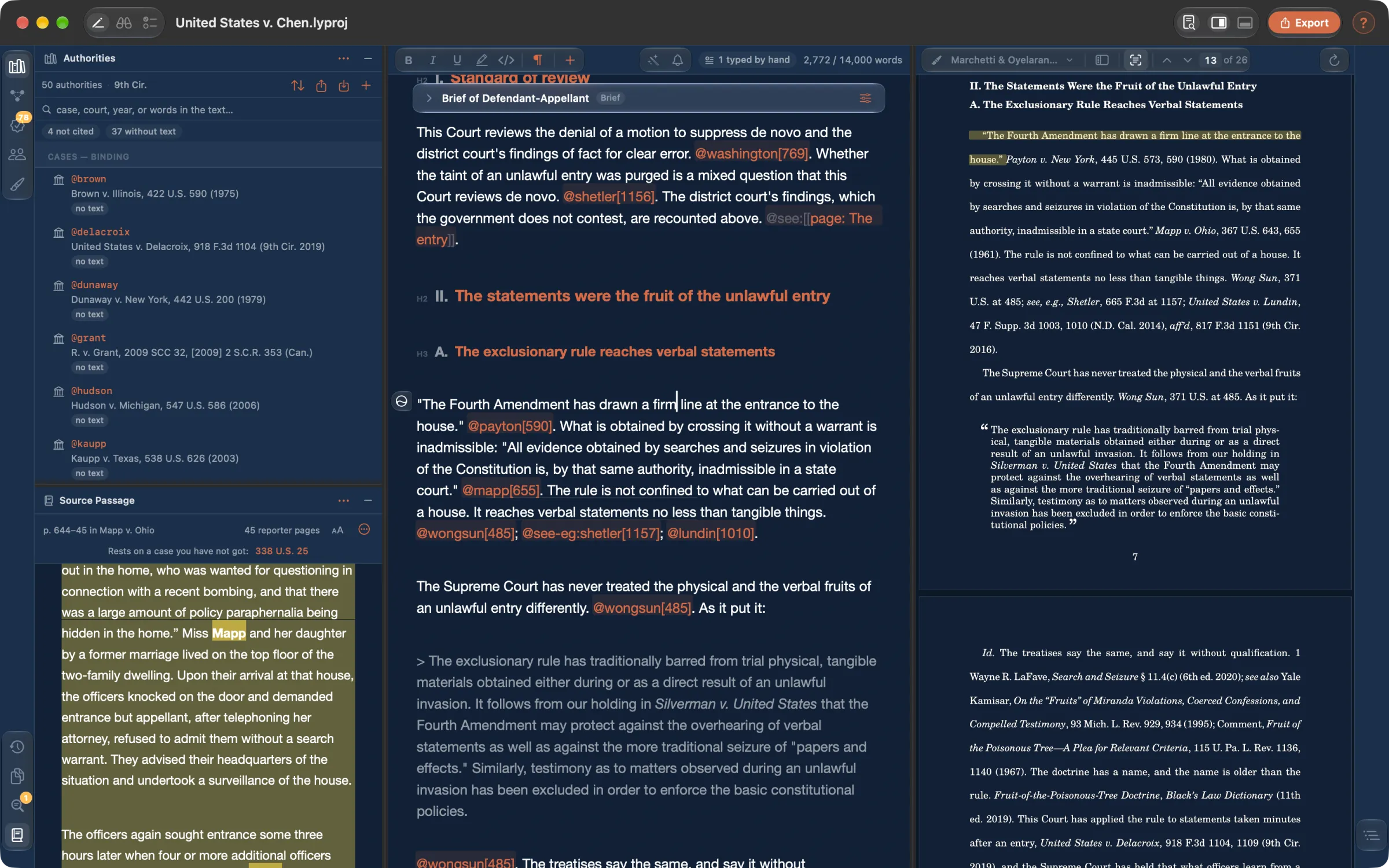 The Lysias window: a brief's authorities on the left, the draft with its citations in the middle, and the typeset page on the right.