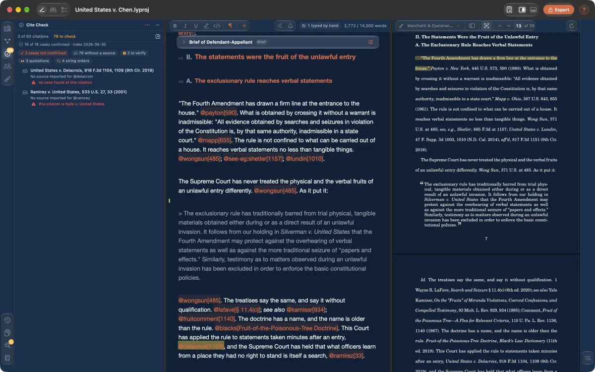 The Cite Check pane flagging one citation where no case exists and another that points to a different case.