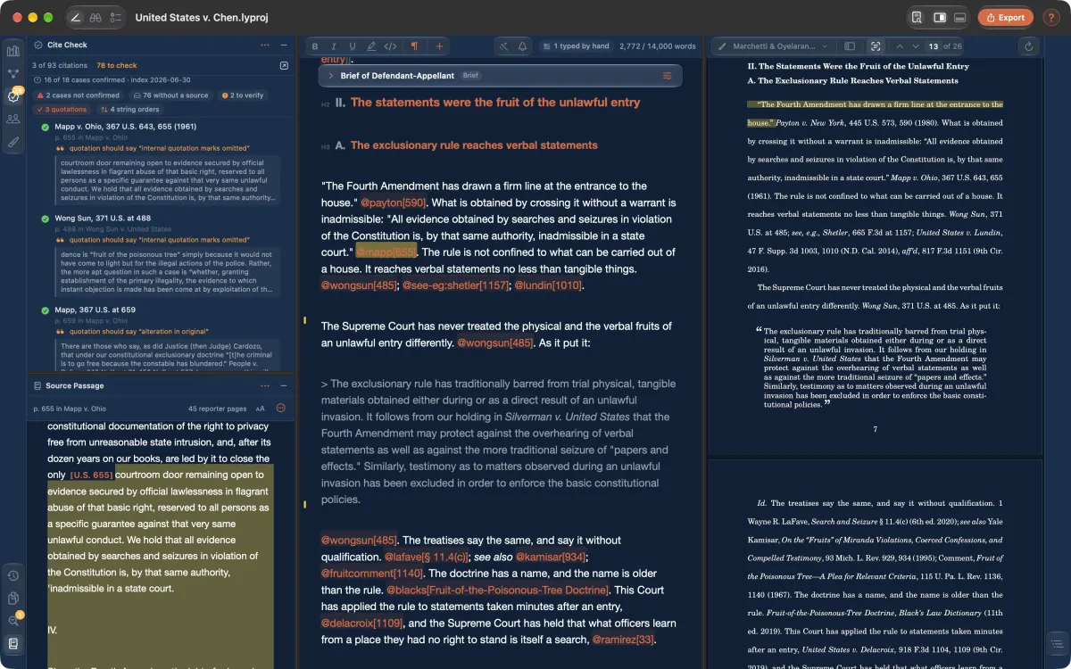 Cite check listing each quotation with the passage from the opinion, and the source page open below.