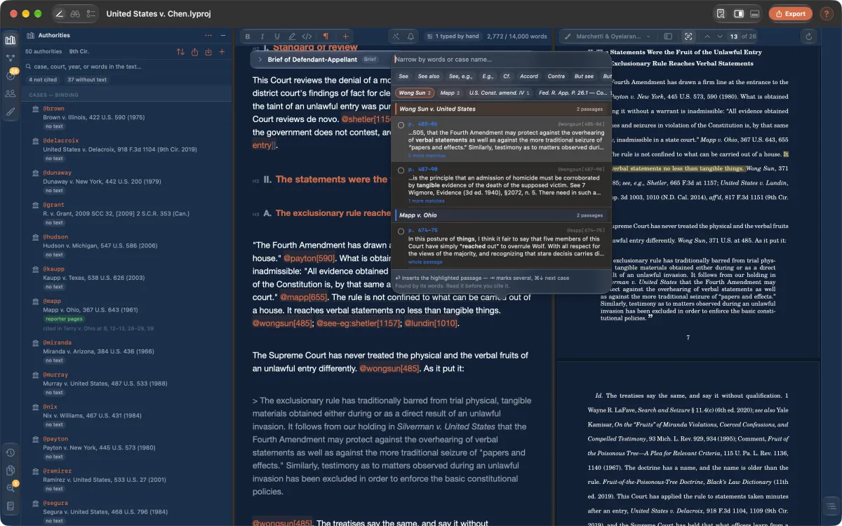 The quote finder offering passages from two opinions that support the sentence being written.