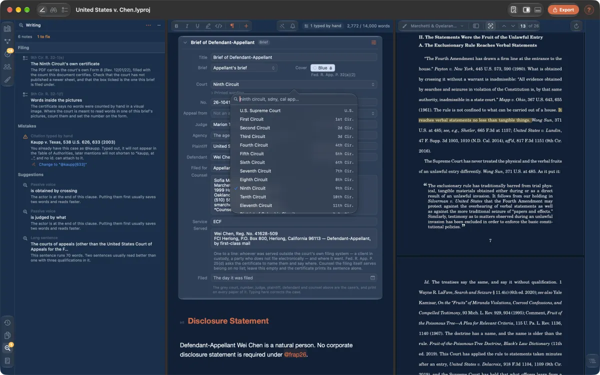 The brief's cover details with a court picker, and the Writing pane listing the court's filing requirements.