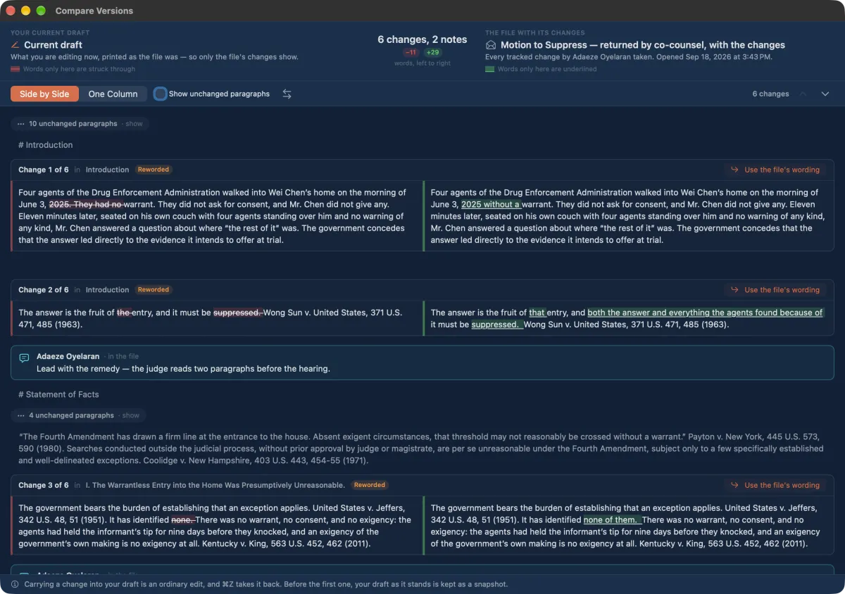 Compare Versions showing co-counsel's tracked changes side by side with the current draft.