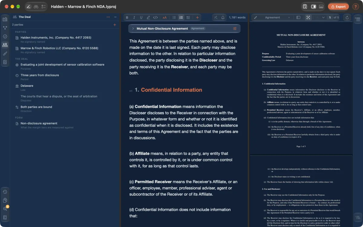 A mutual non-disclosure agreement with the deal's parties and terms on the left and the typeset agreement on the right.